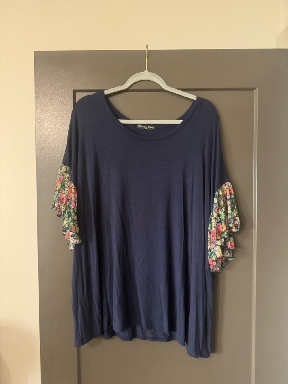 Plus-size Navy Tee with Floral Ruffled Sleeves